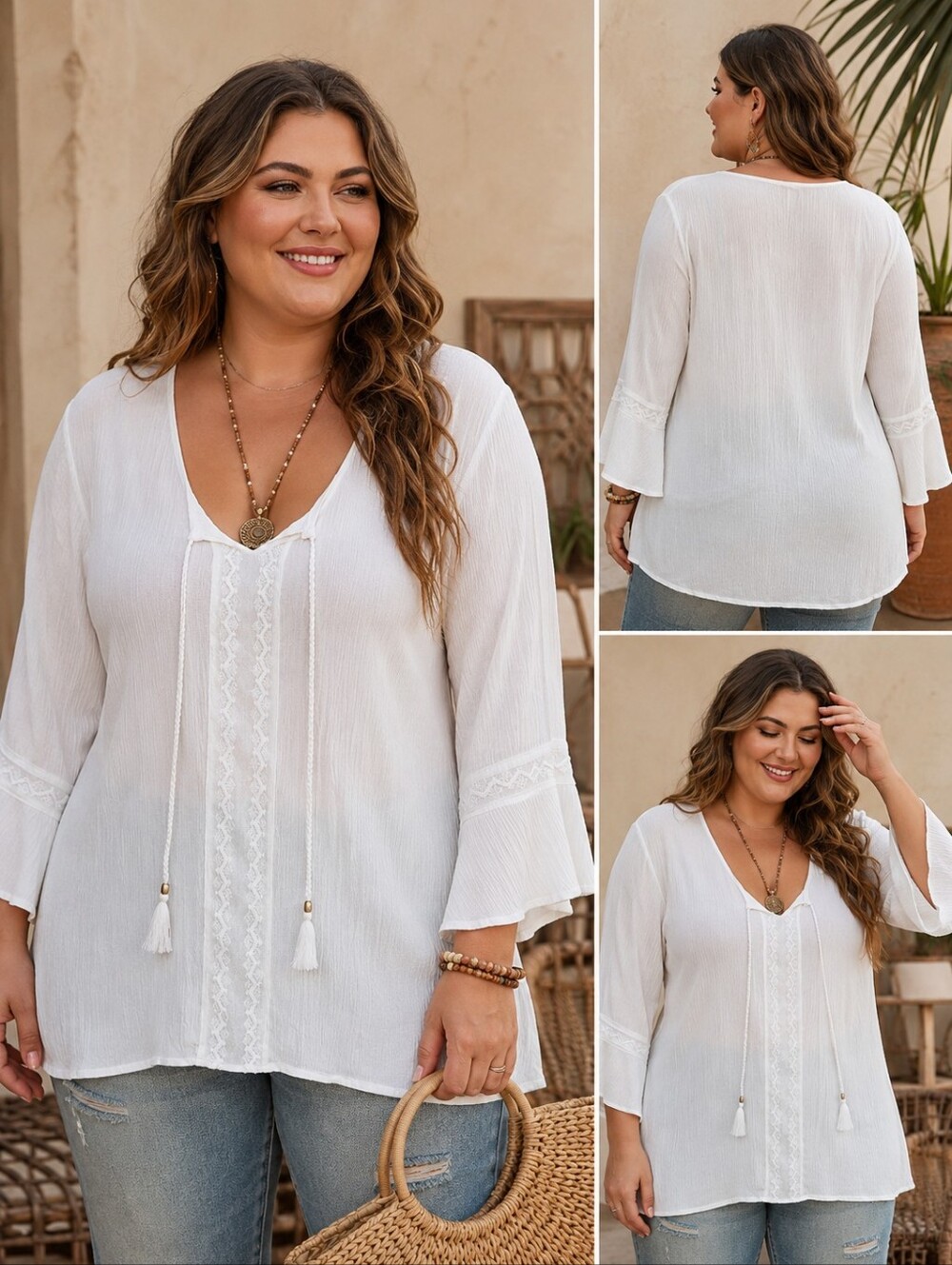 Carolyn Taylor Woman White Boho Peasant Blouse 2X NWT Bell Sleeve Embroidered